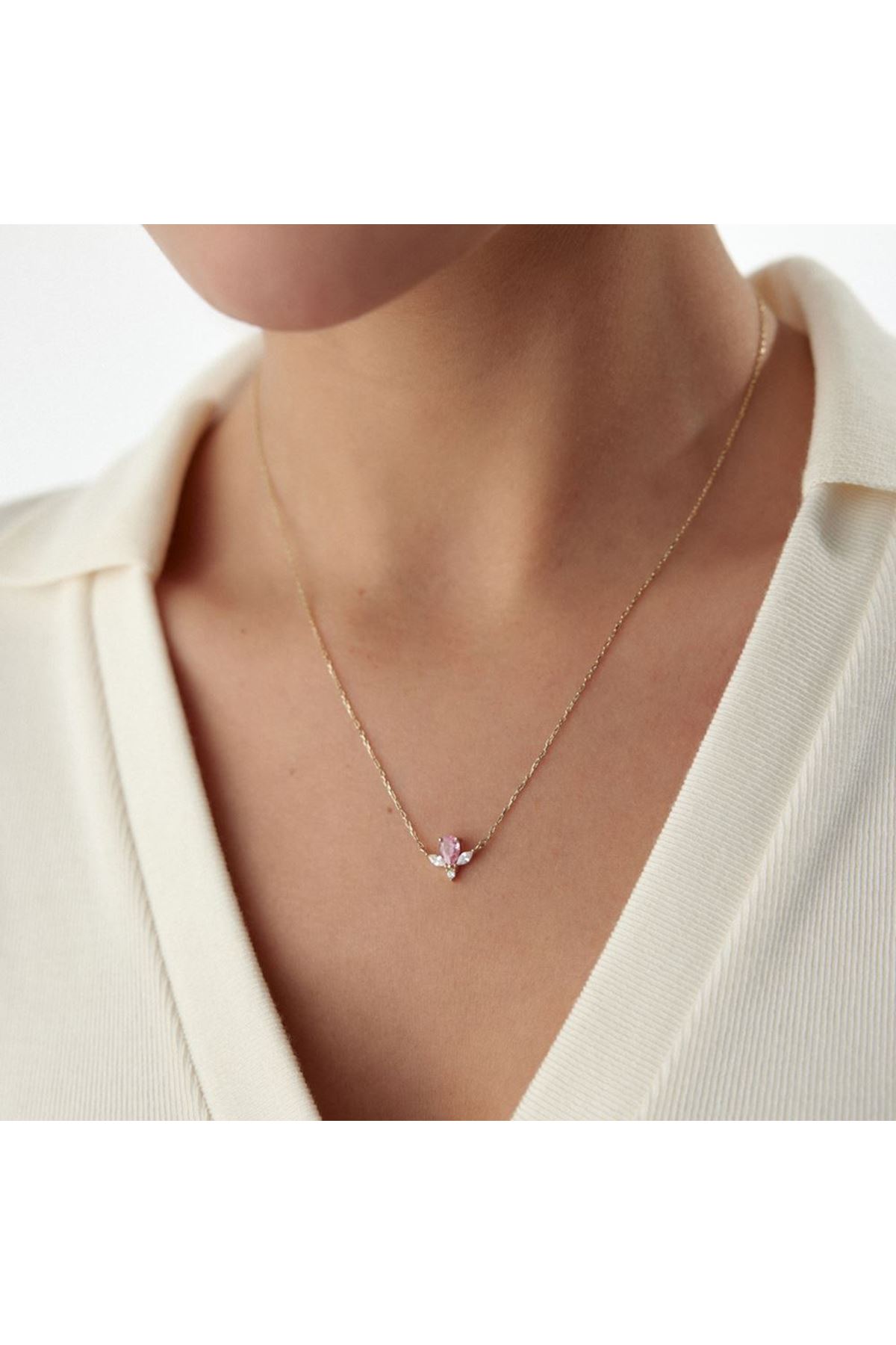 Pembe Baget Taşlı Kolye