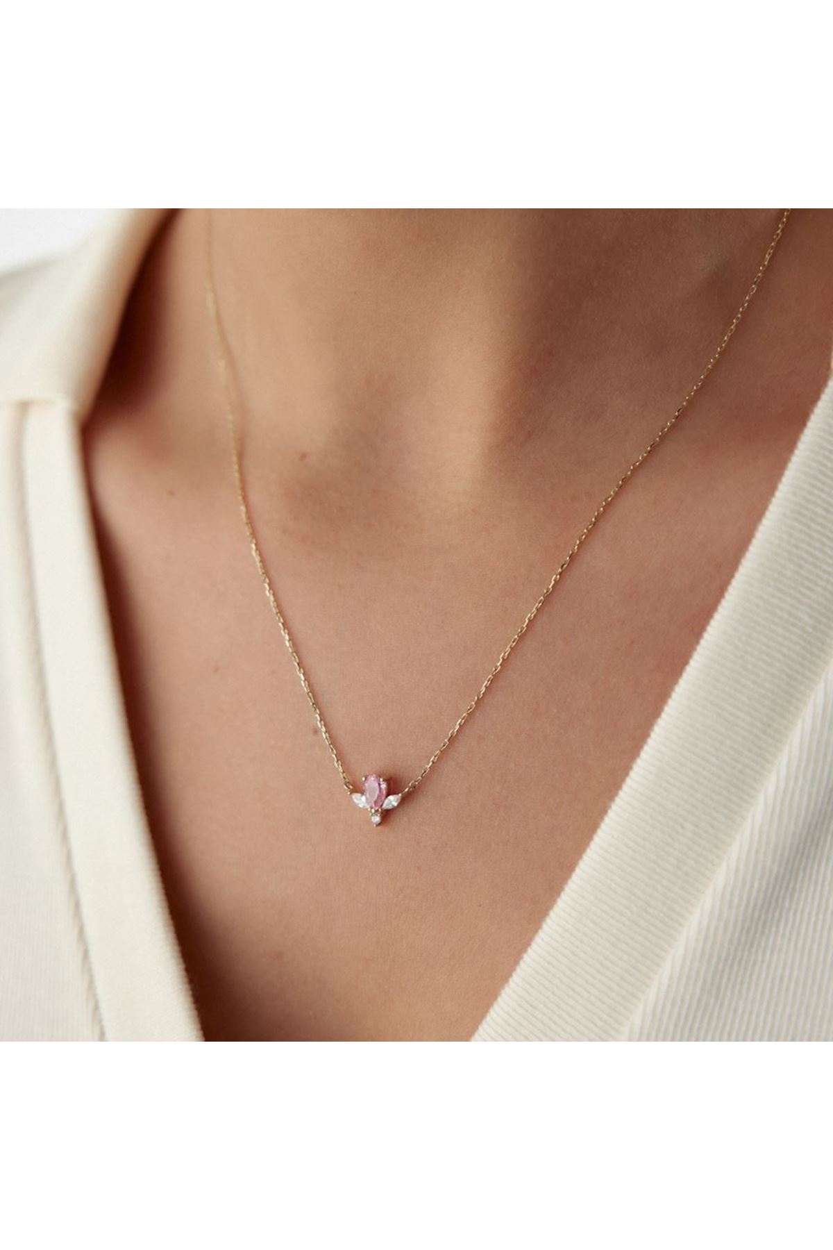Pembe Baget Taşlı Kolye